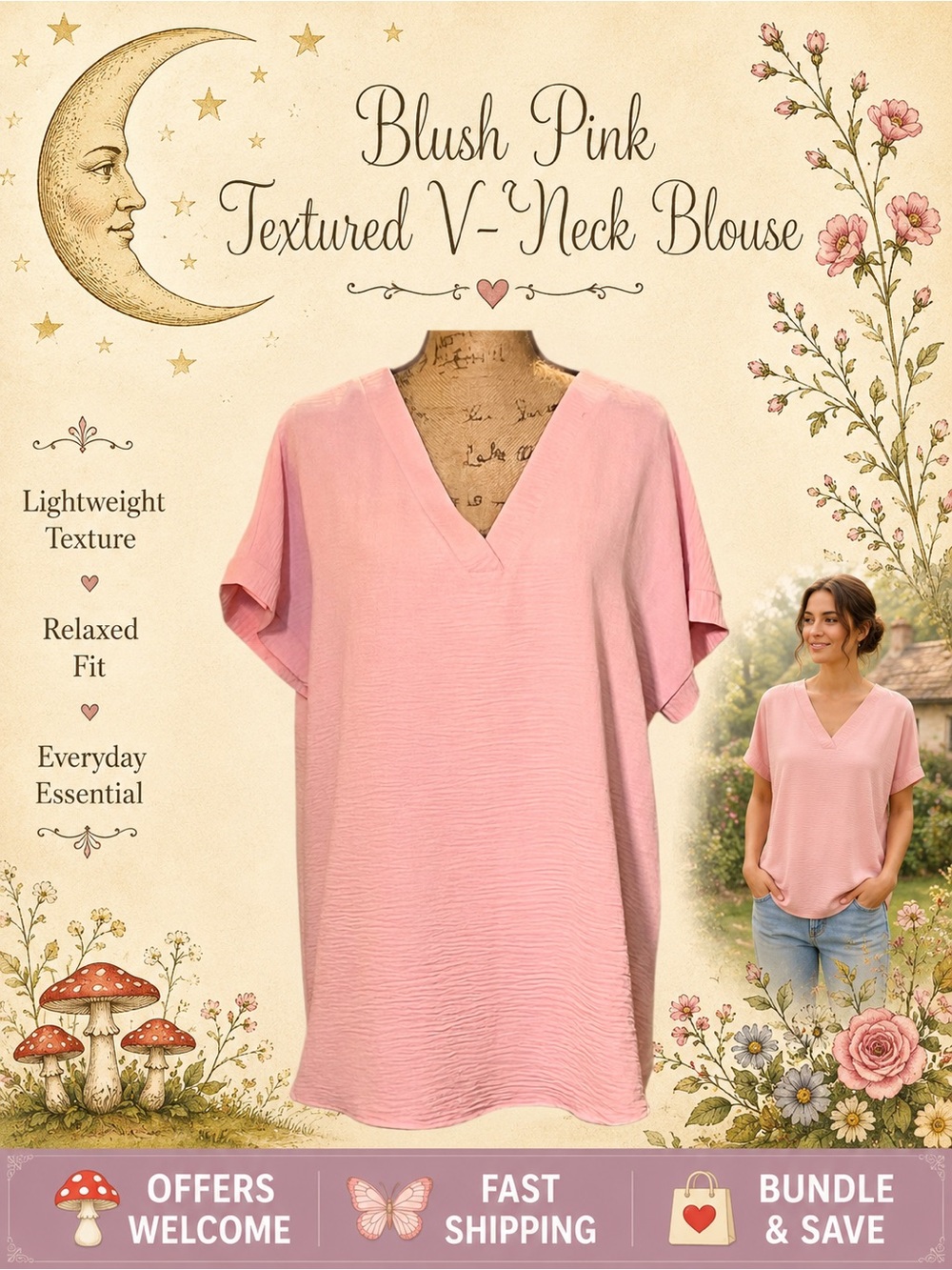 Zenana Blush Pink V‑Neck Blouse Textured Fabric Relaxed Fit Size L
